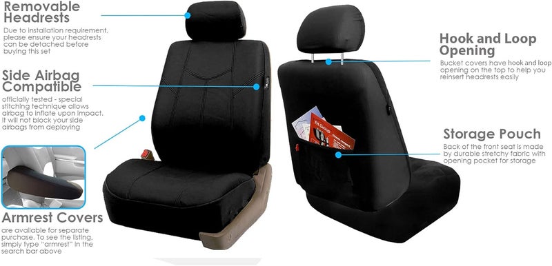 FH Group Front Set Faux Leather Car Seat Covers for Low Back Seat with Removable Headrest, Universal Fit, Airbag Compatible Seat Cover for SUV, Van, Black - Image 3