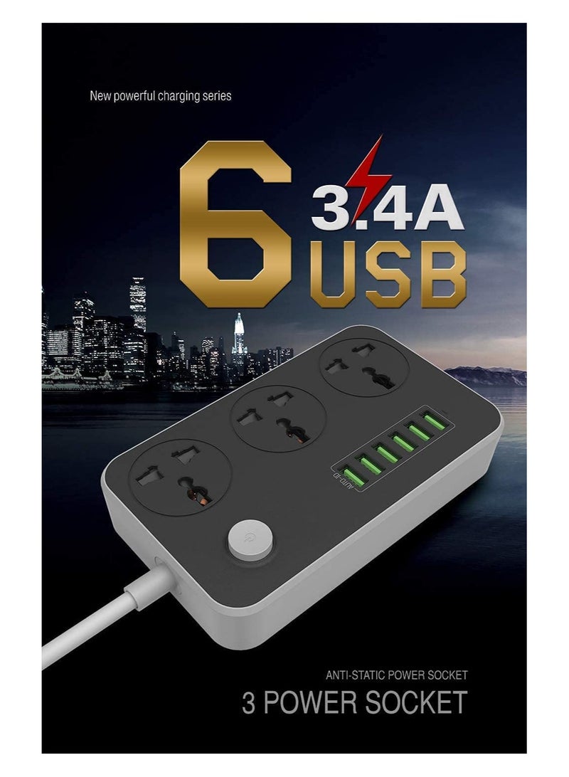 Universal Power Strips 3 Way Outlets 6 USB Plug Ports Surge Protection Power Socket Switch Portable Charger Fast Charging with 2M Wall Plug Adapter  - Image 3