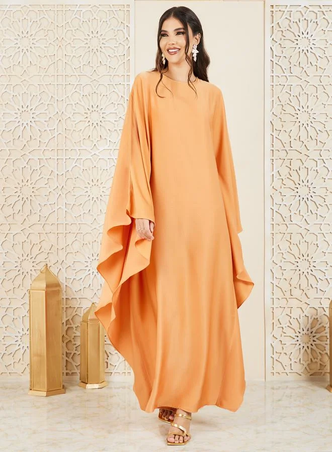 Styli Solid Round Neck Batwing Sleeves Jalabiya