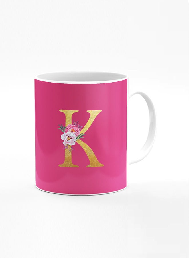 Stylizedd Designer Printed Coffee Mug 11oz Ceramic Personalised Gift Mugs Cup -Custom Monogram Initial Letter Floral Pattern Alphabet - K (Dark Pink Rose) - Image 1