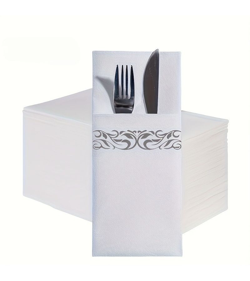 Golden Disposable Floral Napkins 25 Sheets With Built In Cutlery Pockets - Image 3