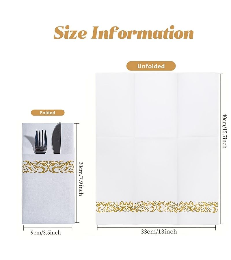 Golden Disposable Floral Napkins 25 Sheets With Built In Cutlery Pockets - Image 4