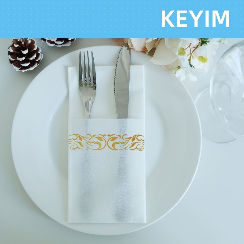 Golden Disposable Floral Napkins 25 Sheets With Built In Cutlery Pockets - Image 5