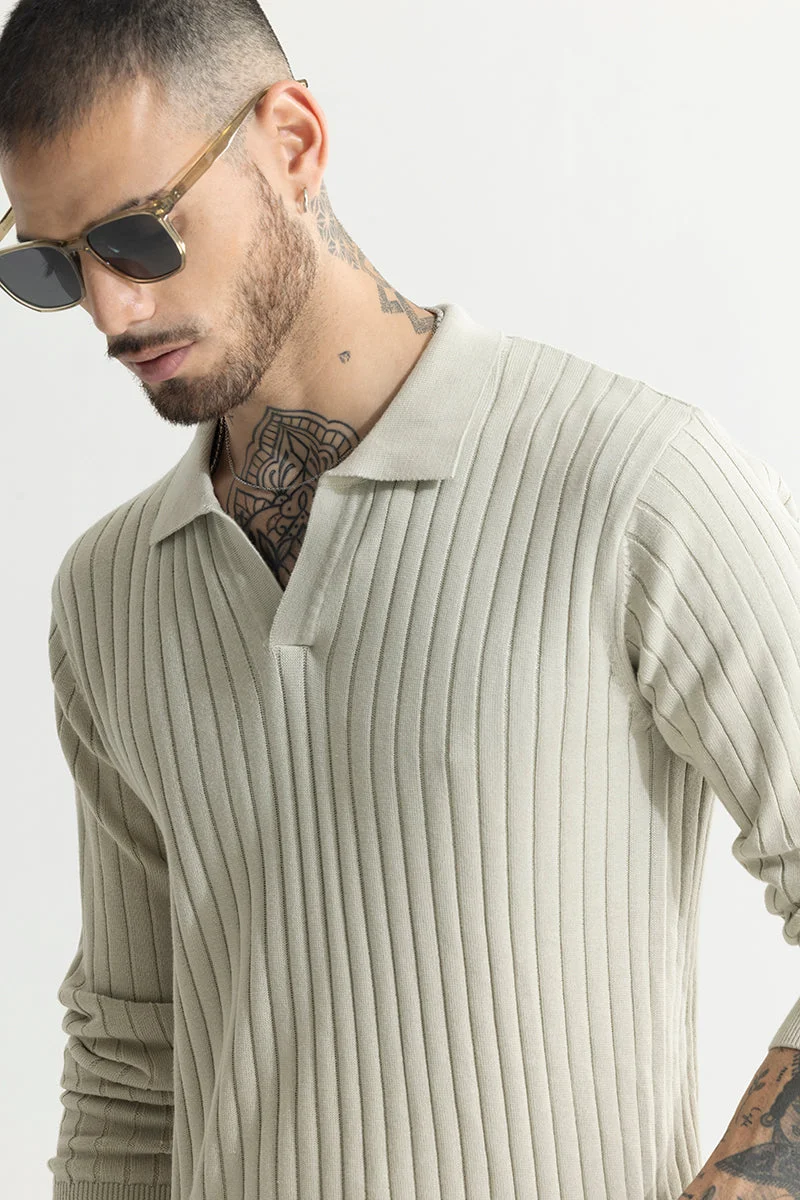 SNITCH Off White Ribbed Long Sleeve Slim Fit Casual T-Shirt