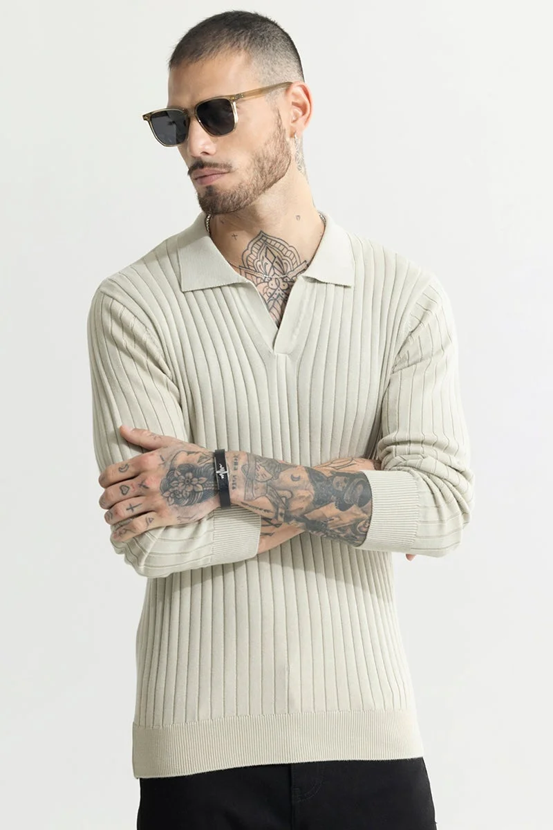 SNITCH Off White Ribbed Long Sleeve Slim Fit Casual T-Shirt