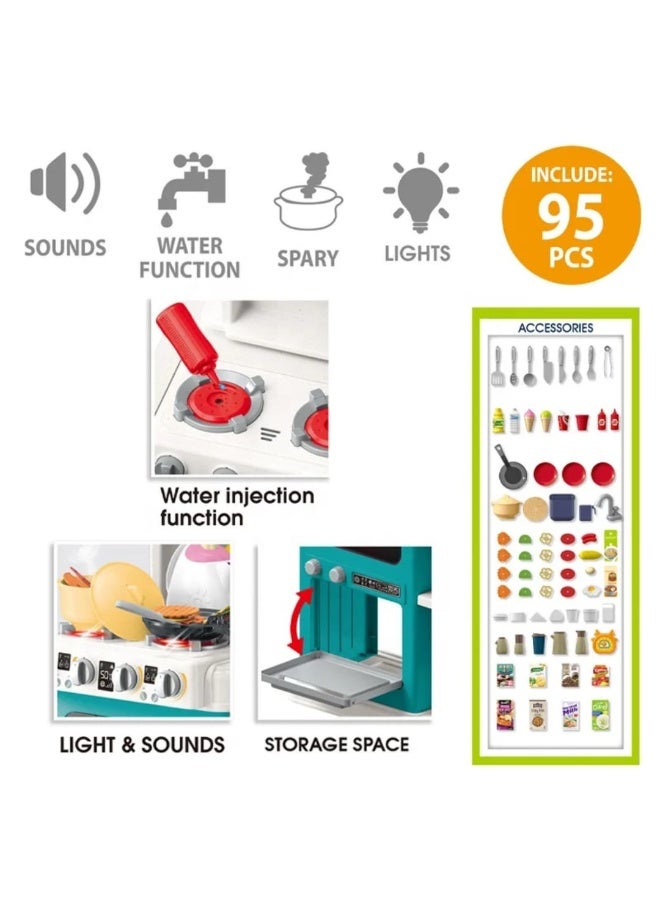 مطبخ لعب للأطفال بتصميم تفاعلي مع صوت وإضاءة وملحقات طعام - متعدد الألوان- 95 قطعه - Image 3