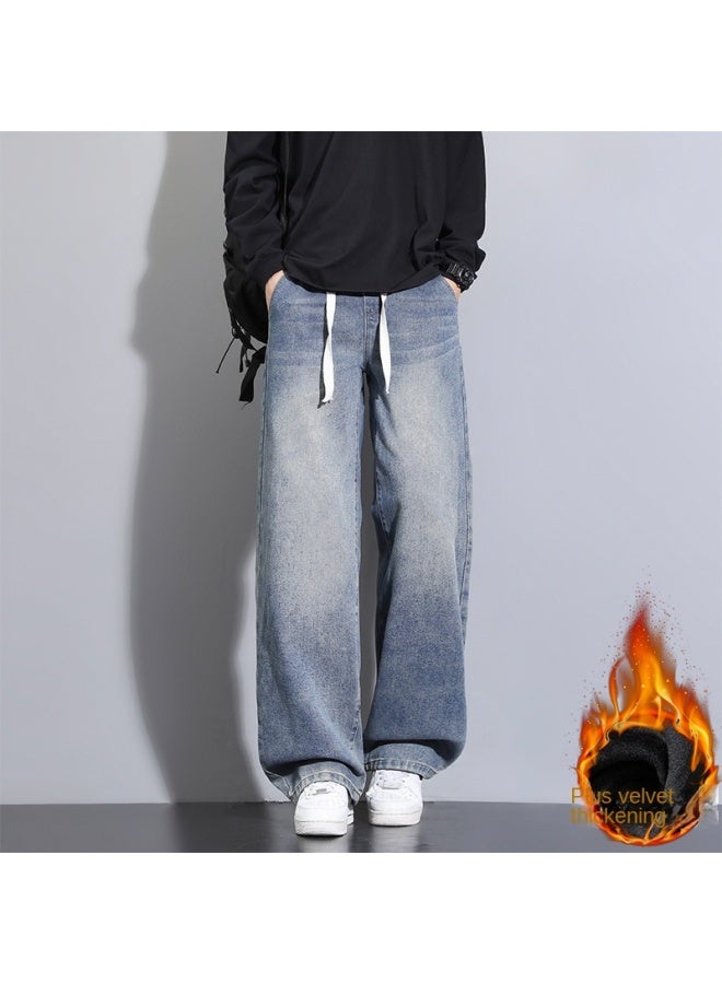 American Retro Drawstring Jeans Men's Winter Style Trendy Washed Drop Crotch Loose Versatile Men's Cargo Pants - Image 3