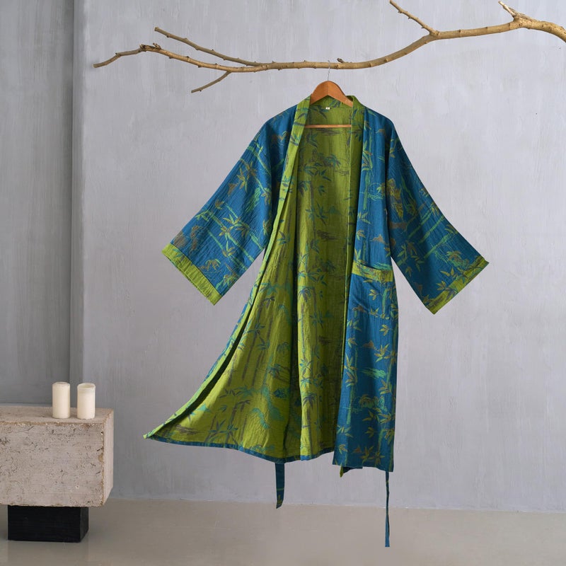 Purefair 100% Cotton Gauze Bamboo Leaf Kimono Robe, Long Knit Loose Loungewear Bathrobe Nightgown Ladies Sleepwear for Women - Image 2