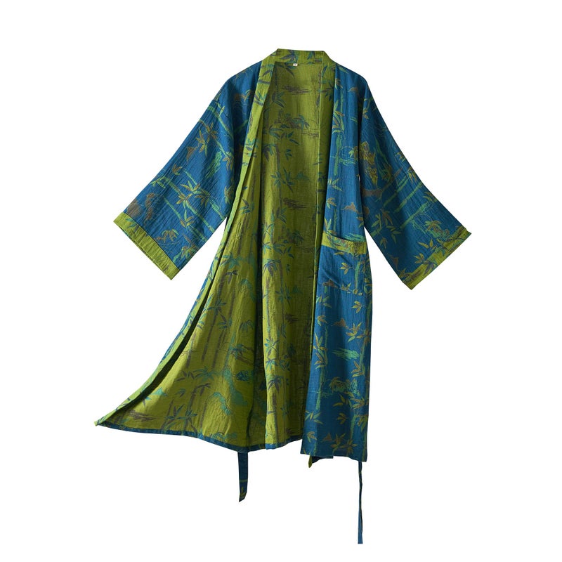 Purefair 100% Cotton Gauze Bamboo Leaf Kimono Robe, Long Knit Loose Loungewear Bathrobe Nightgown Ladies Sleepwear for Women - Image 1