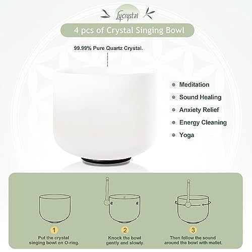 Lycrystal Singing Bowl Set of 4 PCS 6" A Note 8" F Note 10" G Note 12" C Note Frosted Chakra Quartz Crystal Sound bowls With Carry Case Bag. - Image 4