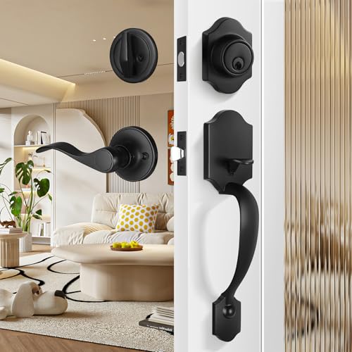 Leydebong Black Front Door Handle and Deadbolt Set Classic Front Door Lock Set All Keyed Differrnt Front Door Handle with Single Cylinder Deadbolt for Exterior Door Reversible for RightLeft - Image 1