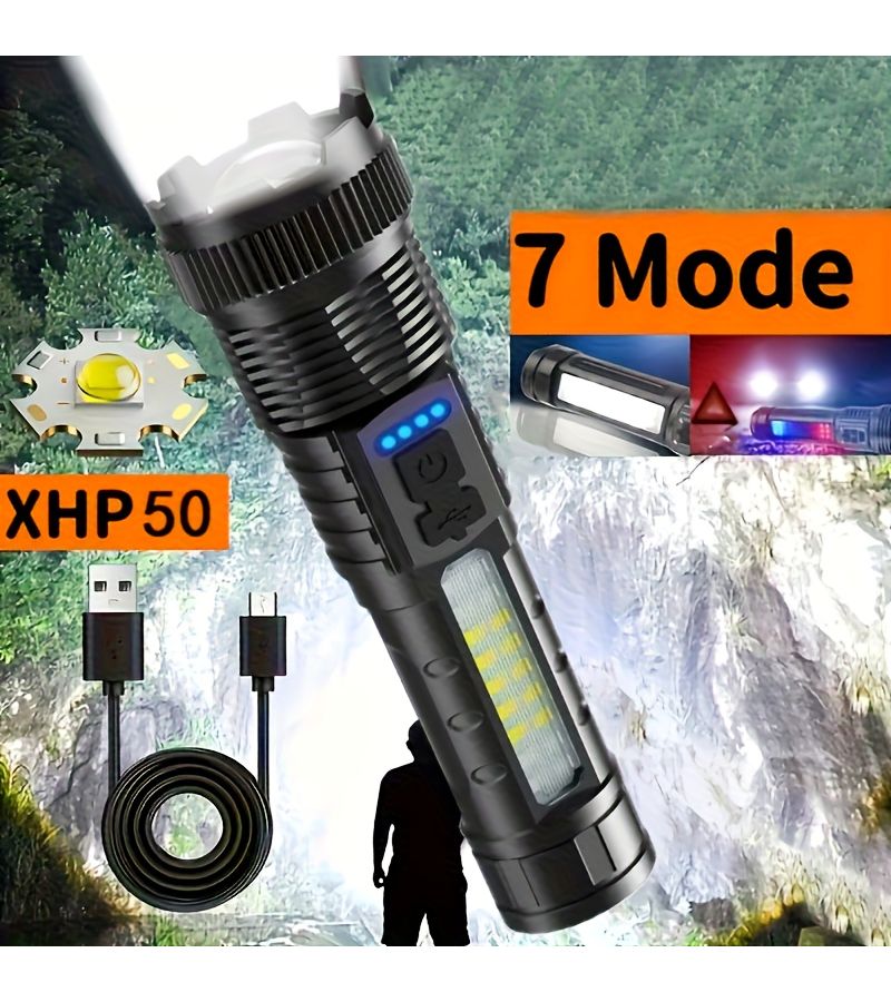 مصباح يدوي LED قابل لإعادة الشحن مع خاصية التكبير، بطارية 1200 مللي أمبير، مناسب للطوارئ المنزلية - Image 1