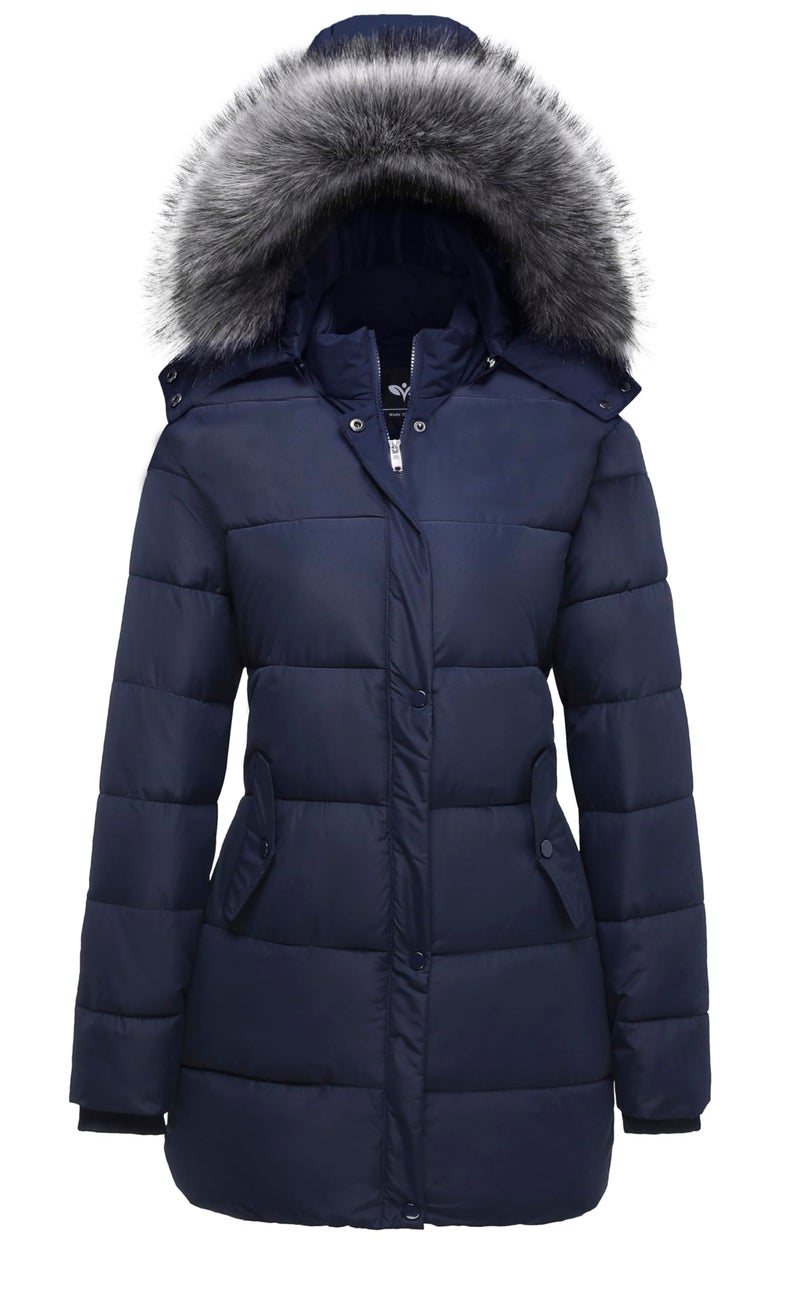 GGleaf Womens Winter Thicken Puffer Coat Warm Snow Jacket with Fur Removable Hood Navy Medium