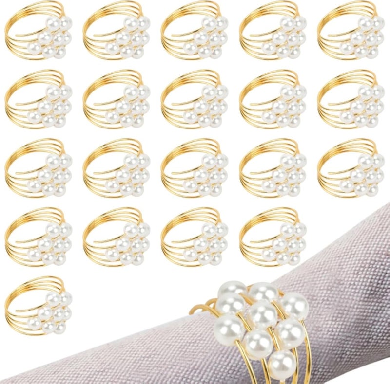Pearl Napkin Rings, 20pcs Vintage Serviette Buckle Holder Wedding Party Table Napkin Buckles, Rhinestone Enamel Jug Table Decor for Dining Christmas Easter Banquet Family Gathering