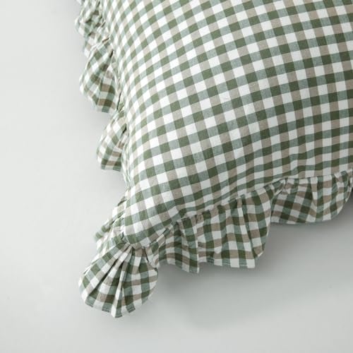 Silnuo Green/White Plaid Ruffled Body Pillow Sham Washed Cotton Shabby Checkered Gingham Pillow Cover 20"x54" - Image 5