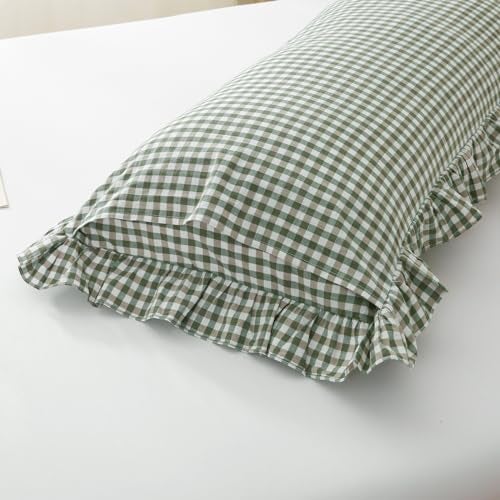 Silnuo Green/White Plaid Ruffled Body Pillow Sham Washed Cotton Shabby Checkered Gingham Pillow Cover 20"x54" - Image 3