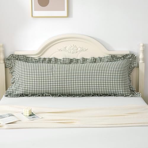 Silnuo Green/White Plaid Ruffled Body Pillow Sham Washed Cotton Shabby Checkered Gingham Pillow Cover 20"x54" - Image 2