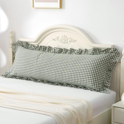 Silnuo Green/White Plaid Ruffled Body Pillow Sham Washed Cotton Shabby Checkered Gingham Pillow Cover 20"x54" - Image 1