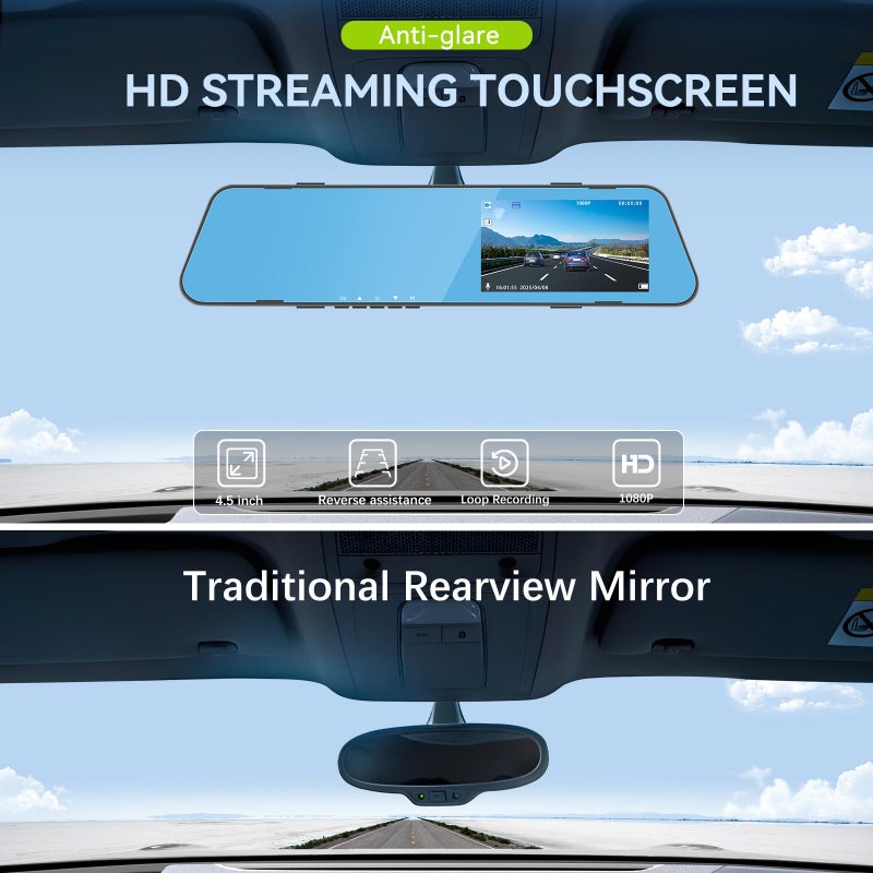 SIXWIN 4.5 Inch Mirror Dash Cam Backup Camera 1080P Front and Rear View Mirror Camera for Cars Dual Lens Cam Loop Recording 150Â°Wide Angle G-Sensor Parking Assistance Loop Recording - Image 5