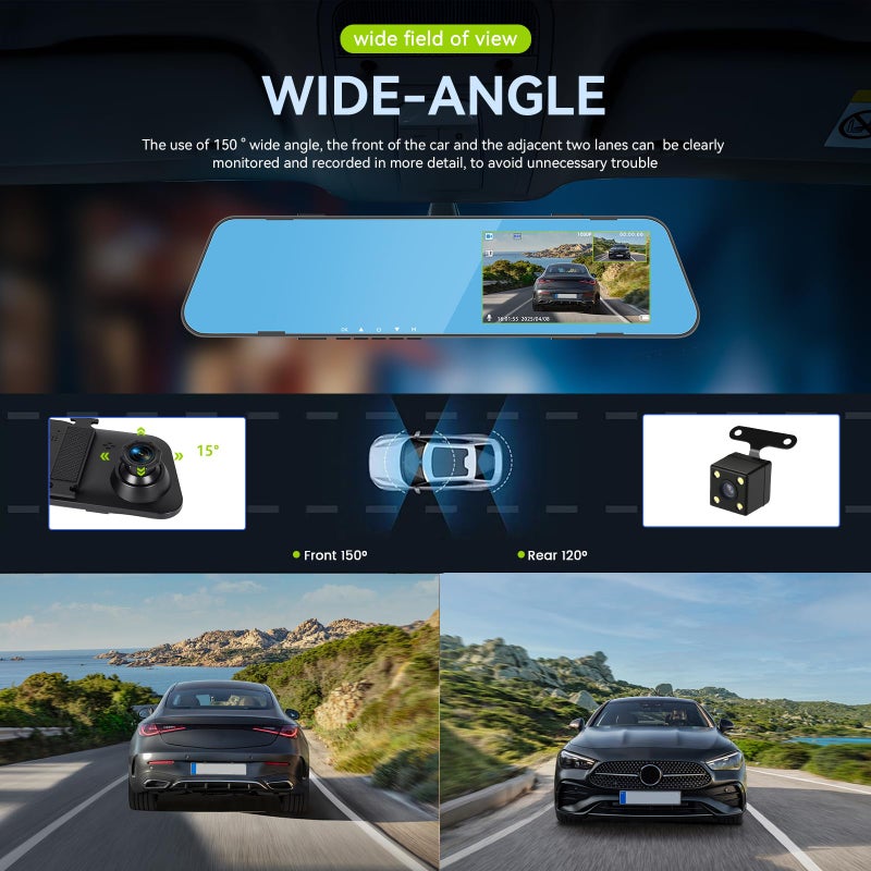 SIXWIN 4.5 Inch Mirror Dash Cam Backup Camera 1080P Front and Rear View Mirror Camera for Cars Dual Lens Cam Loop Recording 150Â°Wide Angle G-Sensor Parking Assistance Loop Recording - Image 2