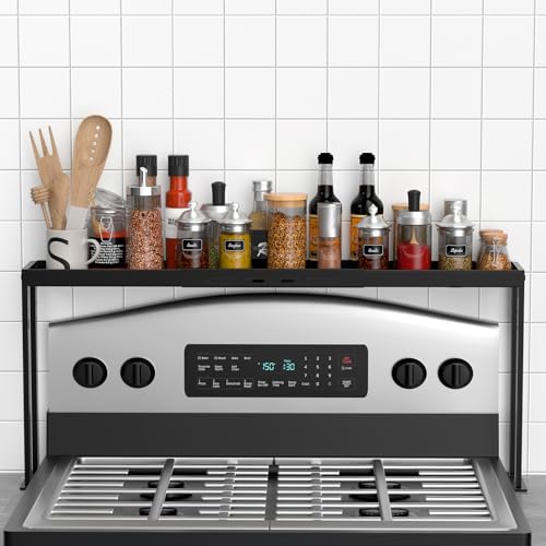 BOIVSHI Stove Top Shelf Kitchen Over Shelf for Stove Stove Spice Rack for Top Adjustable 2733inch Fits Various Stove Lengths Kitchen Spice Organizer Condiments and BBQ Sauces Black - Image 1