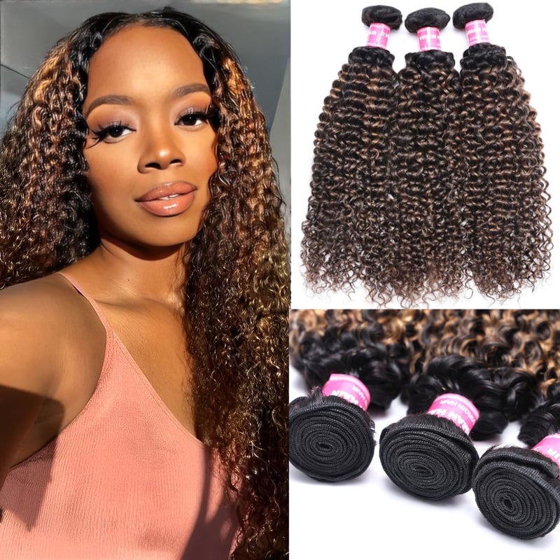 UNICE Brown Highlight Deep Curly Human Hair Weave 3 Bundles 12 14 16 inch Brazilian Remy Hair Balayage Blonde Human Hair Extensions Ombre Dark Root Weft for Sew in Make Wigs FB30 Color