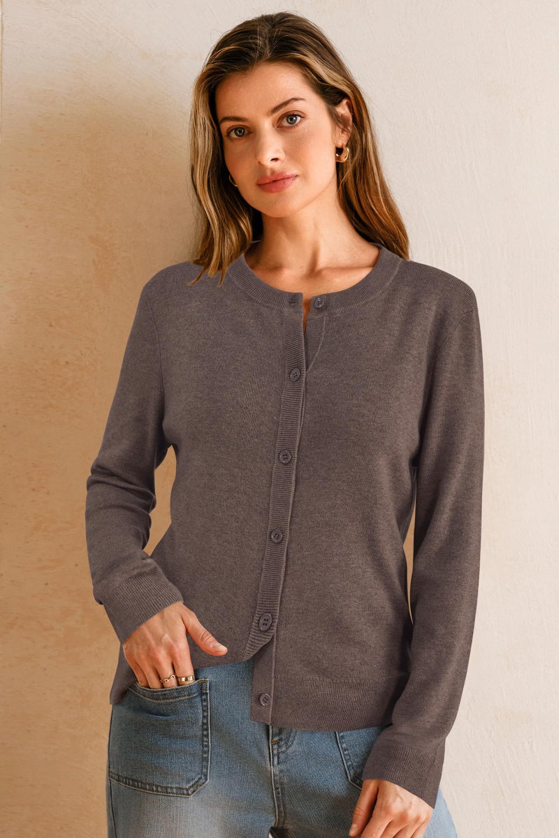 Arach&Cloz Womens Cardigan Sweaters 2026 Soft Layering Essential Wool Long Sleeve Crew Neck Button Down Lightweight Top Fashion Outfits Summer Spring Business Casual Work Cropped Coffee XXL - Image 4
