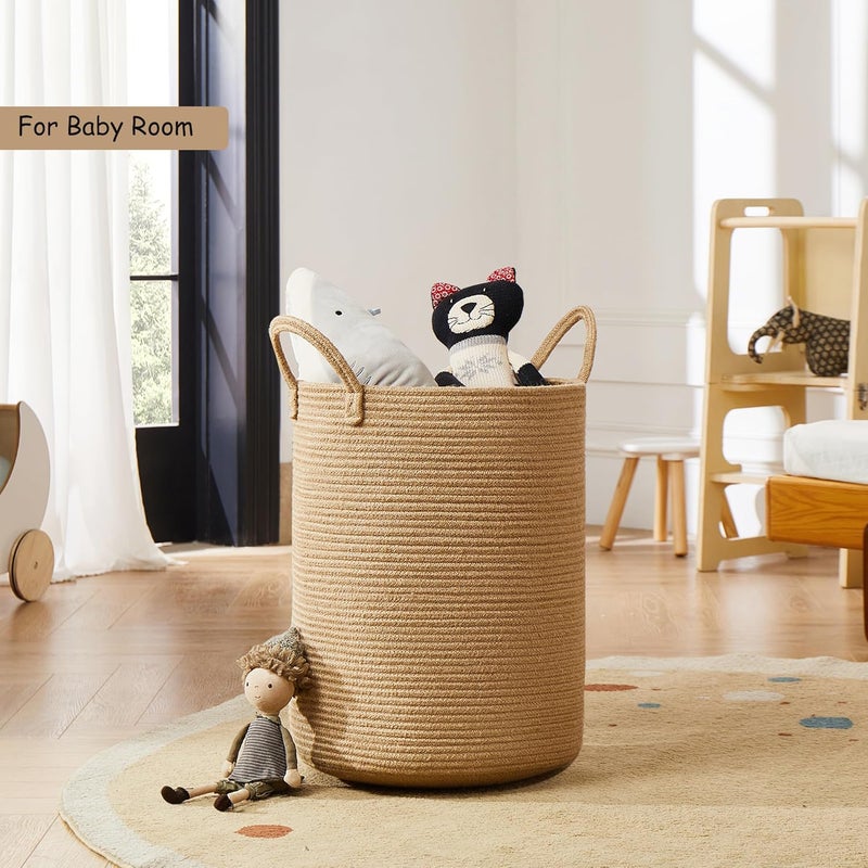 MOJOSCEND 15Dx20H Inches Jute Woven Laundry Hamper Basket Wicker Rope Clothes Hamper Tall Rattan Blanket Basket in Living Room Bedroom 62L Large Capacity - Image 5