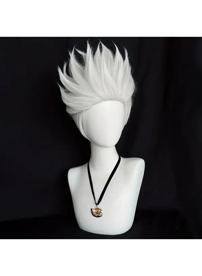Synthetic White Short Cosplay Wig For Halloween Thanksgiving Christmas 12 Inch With Necklace Milk Color - Image 1