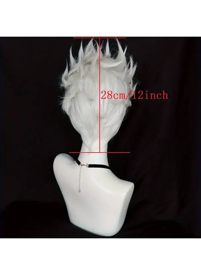 Synthetic White Short Cosplay Wig For Halloween Thanksgiving Christmas 12 Inch With Necklace Milk Color - Image 4