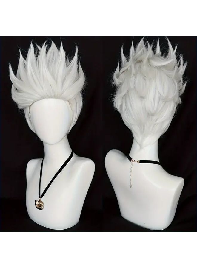 Synthetic White Short Cosplay Wig For Halloween Thanksgiving Christmas 12 Inch With Necklace Milk Color - Image 5
