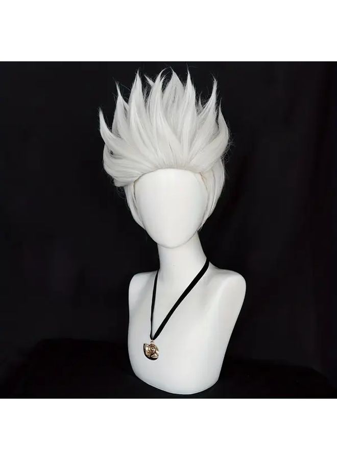 Synthetic White Short Cosplay Wig For Halloween Thanksgiving Christmas 12 Inch With Necklace Milk Color - Image 3
