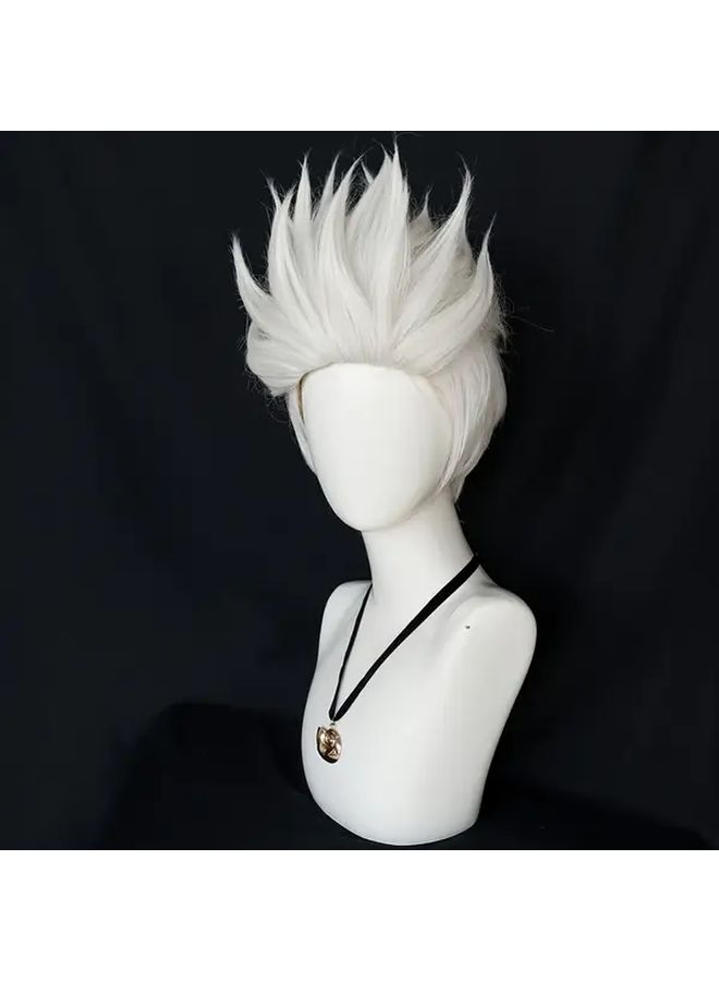 Synthetic White Short Cosplay Wig For Halloween Thanksgiving Christmas 12 Inch With Necklace Milk Color - Image 2