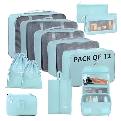 OCEANEVO Set of 12 Packing Cubes, Travel Organizer Bags for Luggage & Suitcase | Includes Various Size Mesh Bags, Lingerie & Shoe Bag, Cosmetic Pouch, Toiletry Bag, Drawstring Bag, Cable Pouch - Image 1