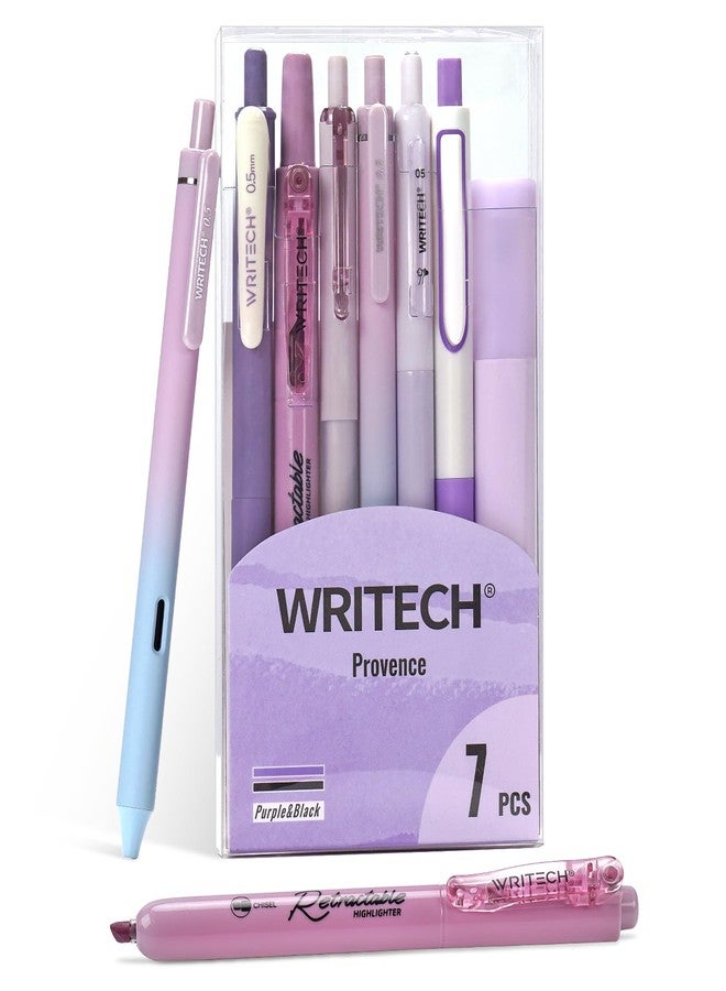 WRITECH أقلام جل للتظليل والتدوين من WRITECH: مجموعة أقلام تظليل بتدرجات ألوان باستيل متنوعة، رأس رفيع 0.5 مم قابل للسحب، قلم أسود 0.7 مم، كتابة سلسة، رسم بدون نزيف، 7 أقلام (بنفسجي) - Image 1