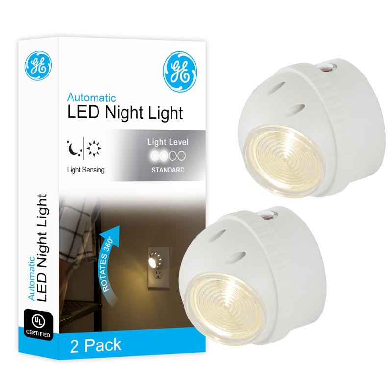 GE Rotating Plug in Night Light Home Decor Apartment Essentials LED Lights for Bedroom Ambient Lighting Dusk to Dawn Sensor Nightlight Bathroom Dorm Room 2 Pack 50331