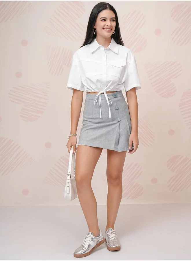 Tokyo Talkies Buttoned Collared Crop Shirt with Drawstring