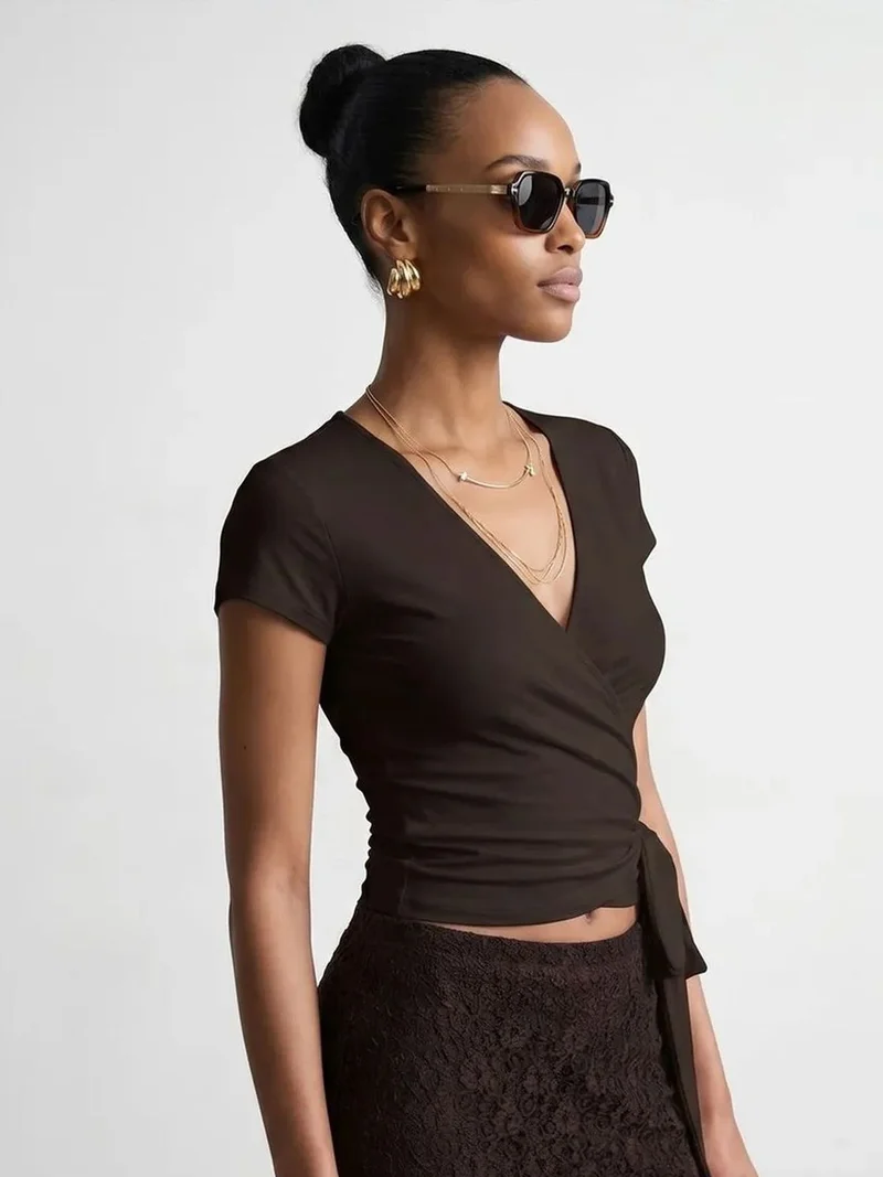 ديلفين DILVIN Crop Wrap Blouse With Tie Detail