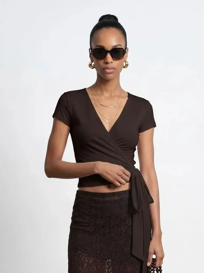 ديلفين DILVIN Crop Wrap Blouse With Tie Detail