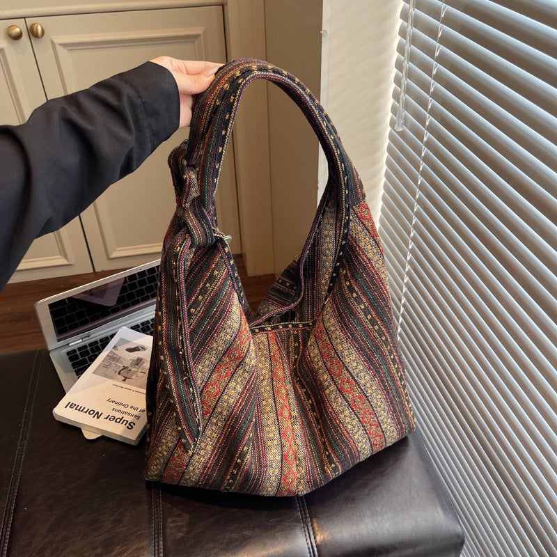 Women's Retro Canvas Tote Bag with Stripes, Large Capacity - Image 1