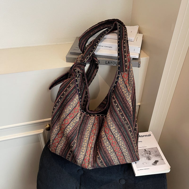 Women's Retro Canvas Tote Bag with Stripes, Large Capacity - Image 4