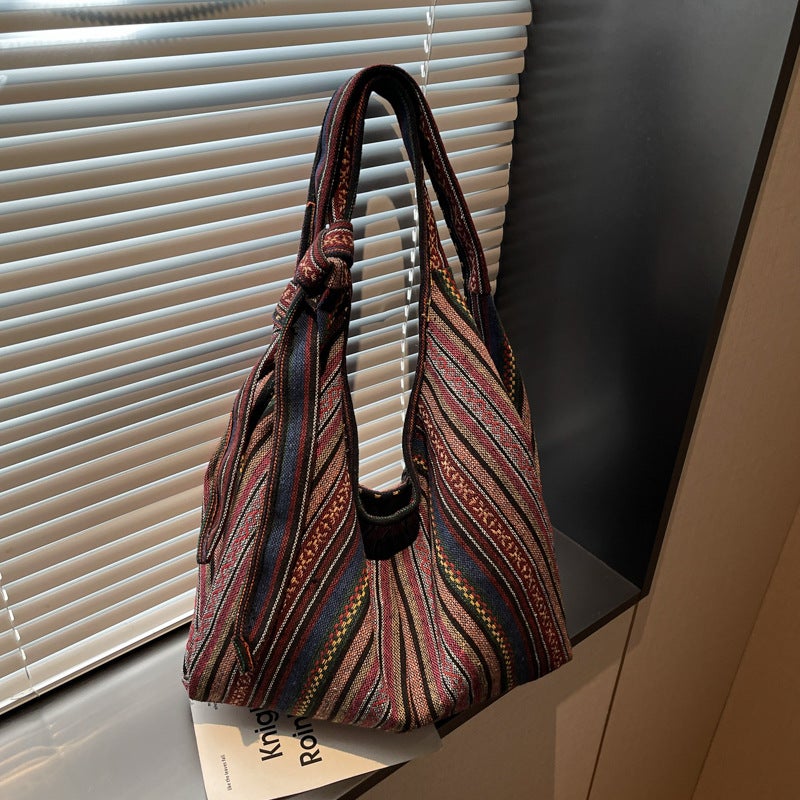 Women's Retro Canvas Tote Bag with Stripes, Large Capacity - Image 2