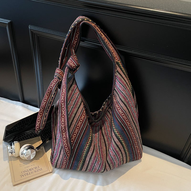Women's Retro Canvas Tote Bag with Stripes, Large Capacity - Image 3