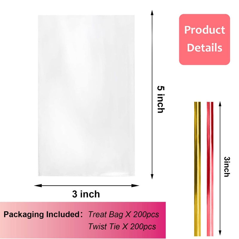 Morepack Cello Cellophane Treat Bags,200 PCS 3x5 Inches Clear Cake Pop Lollipop Bags with Twist Ties - Image 2