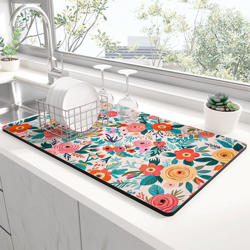 Rnivvi Dish Drying Mat for Kitchen Counter, 12 x 19" Cute Flower Super Absorbent Draining Pad, Non-Slip Heat Resistant Coffee Bar Mats for Coffee Machine Station Accessories, Colorful Dish Rack Pad - Image 1