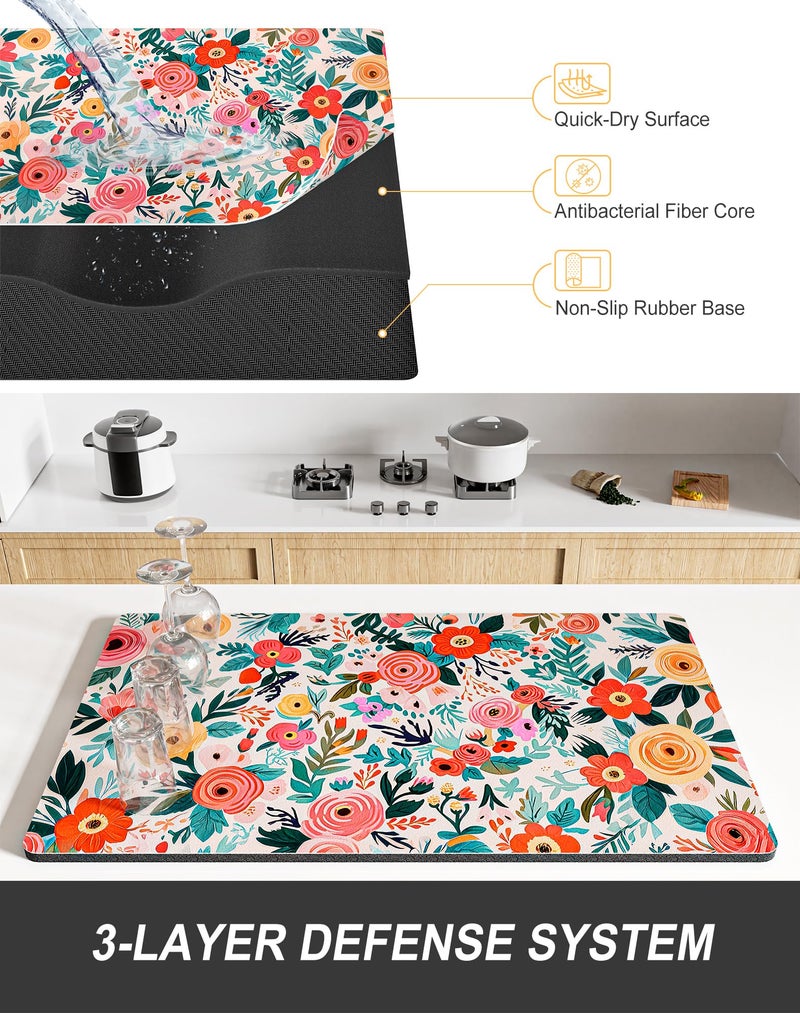 Rnivvi Dish Drying Mat for Kitchen Counter, 12 x 19" Cute Flower Super Absorbent Draining Pad, Non-Slip Heat Resistant Coffee Bar Mats for Coffee Machine Station Accessories, Colorful Dish Rack Pad - Image 4