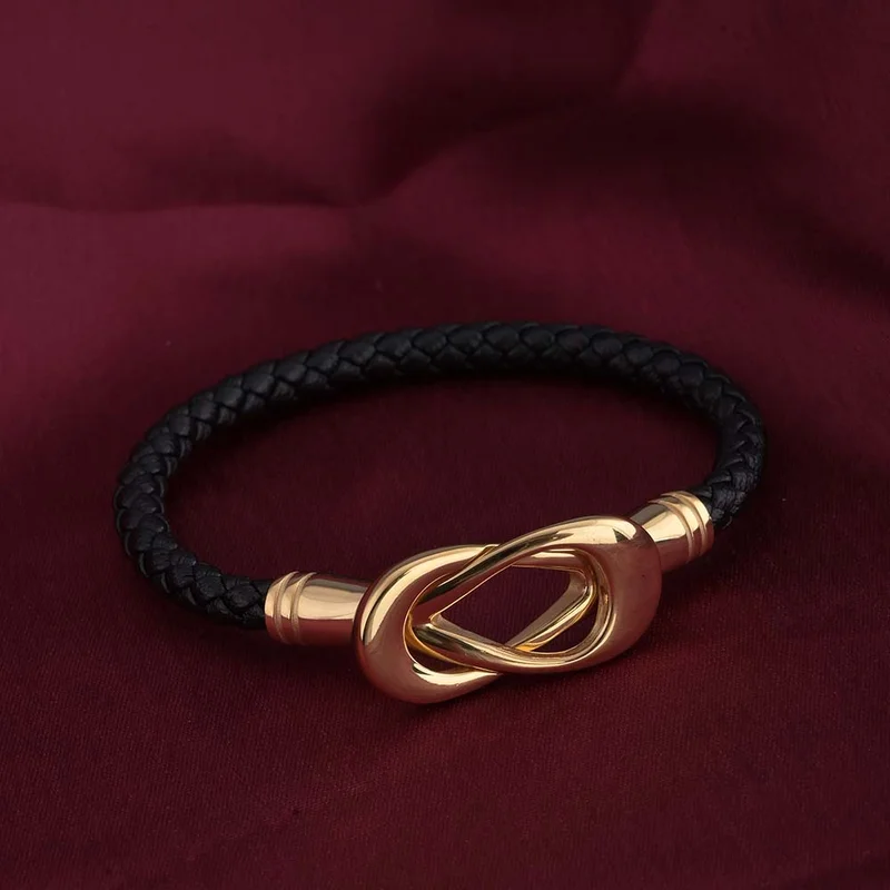 بالموناس PALMONAS 18k Gold Tone Plated Black leather Bracelet for Women
