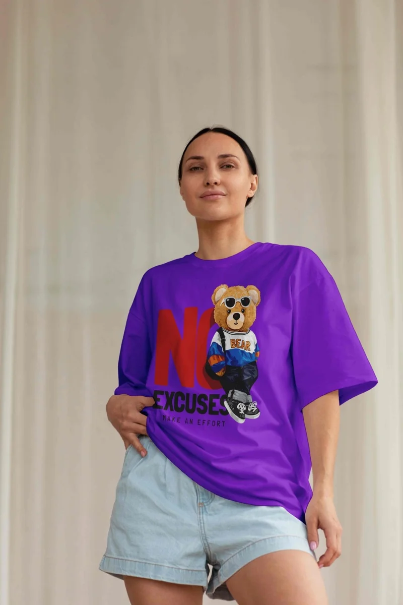 دوغ فش Women's Lilac Teddy Printed Oversize T-Shirt