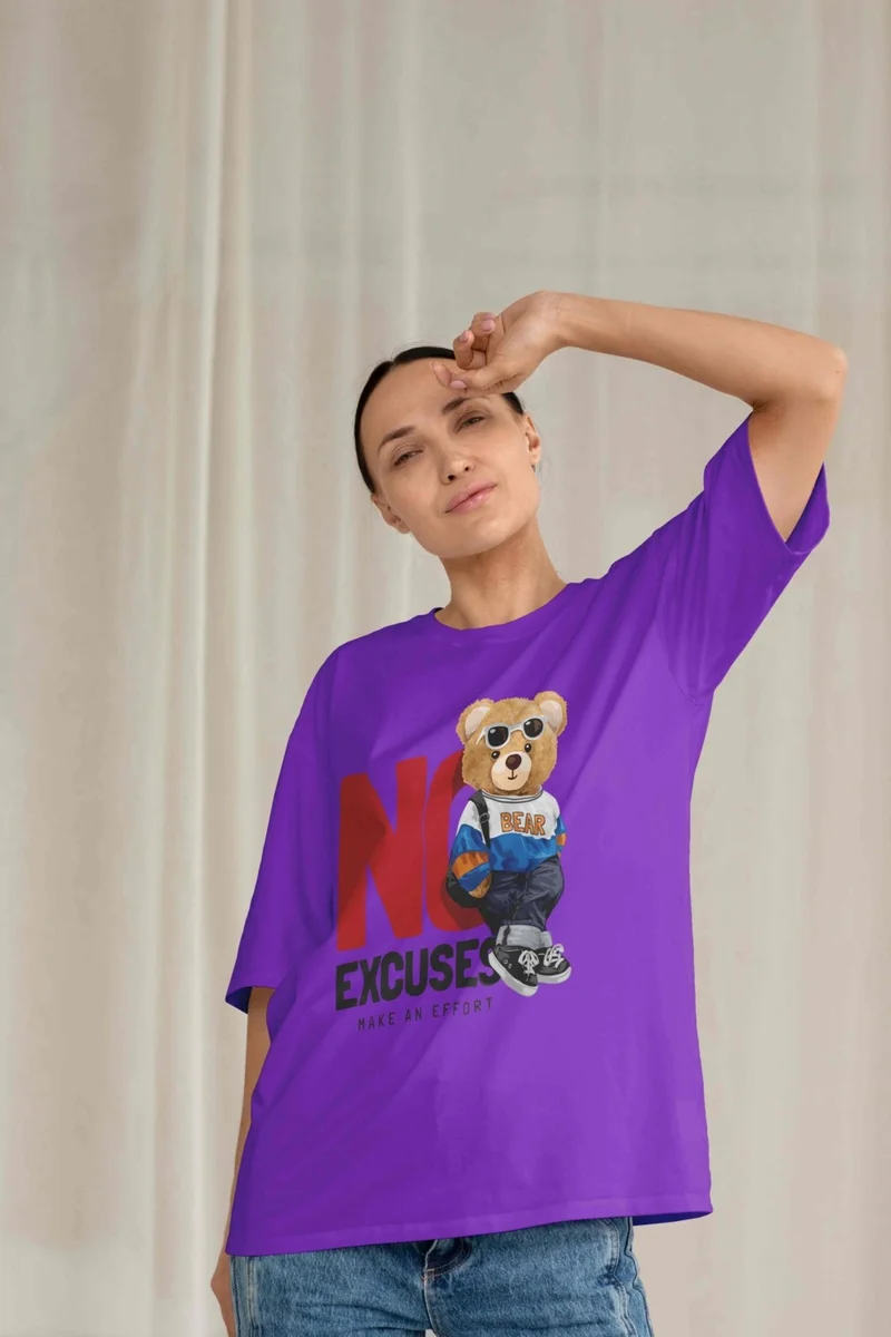 دوغ فش Women's Lilac Teddy Printed Oversize T-Shirt