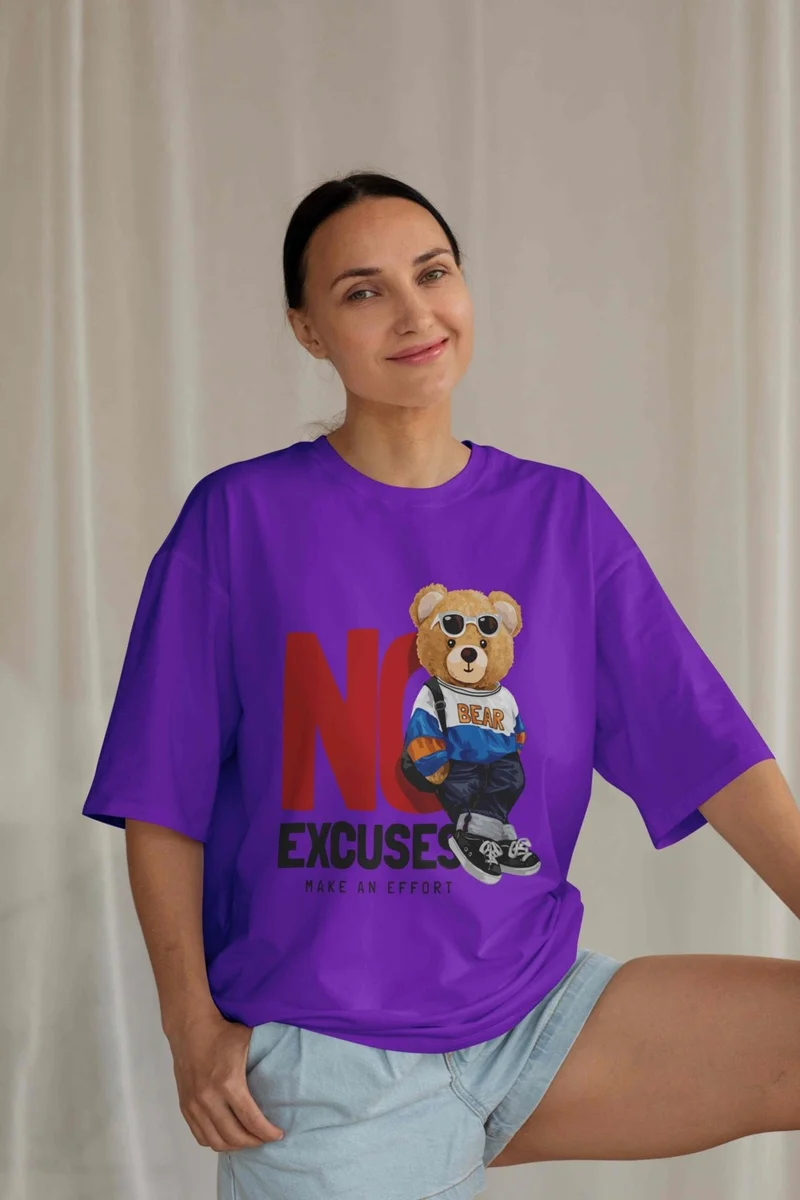 دوغ فش Women's Lilac Teddy Printed Oversize T-Shirt